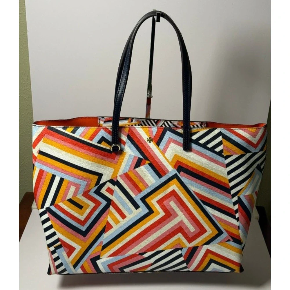 Tory Burch Kerrington Cut Out T Print Geometric Large Tote Bag Leather NEW
